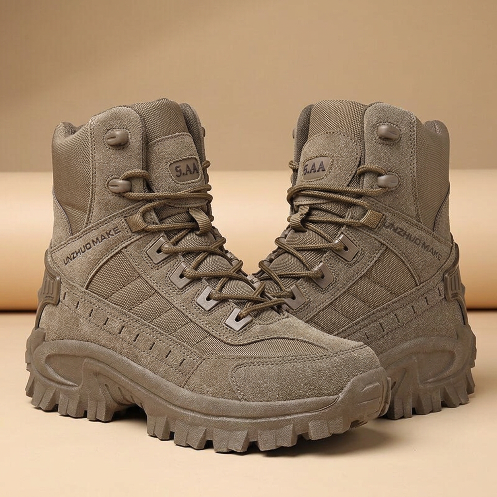 Pair of brown high-top lace-up boots with suede and fabric panels on a beige background 26