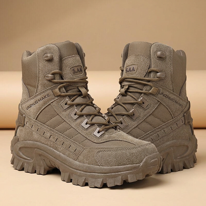 Pair of brown high-top lace-up boots with suede and fabric panels on a beige background 26