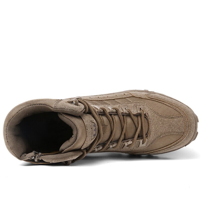 Top-down view of a brown boot showing the padded collar, laces and side zip 17