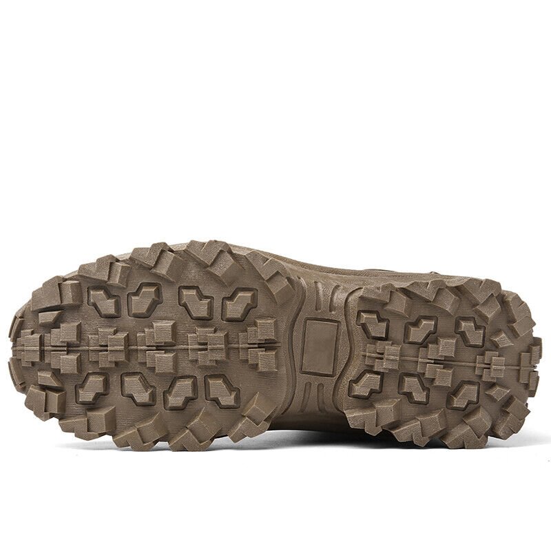 Underside of a brown boot showing the deep, blocky tread pattern and flat central panel 18