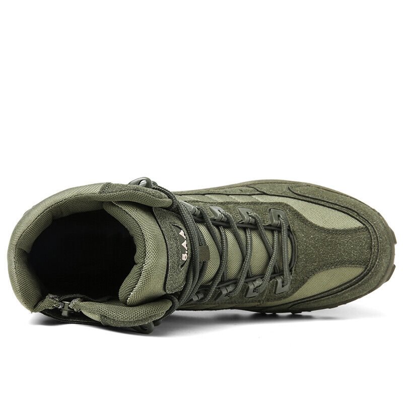 Top-down view of an olive green boot showing the padded collar, laces and side zip 20