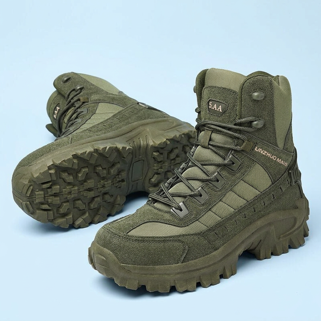 Olive green boots on a light blue backdrop, one upright and one resting on its side 25