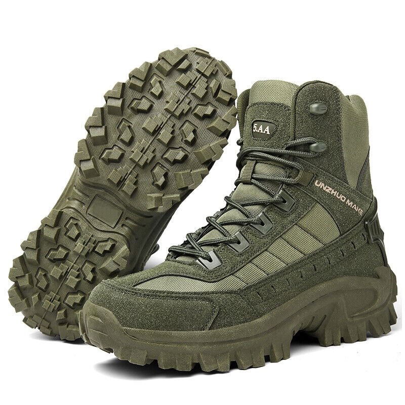 Olive green high-top boots, one upright and one tilted to show the chunky lugged sole 21