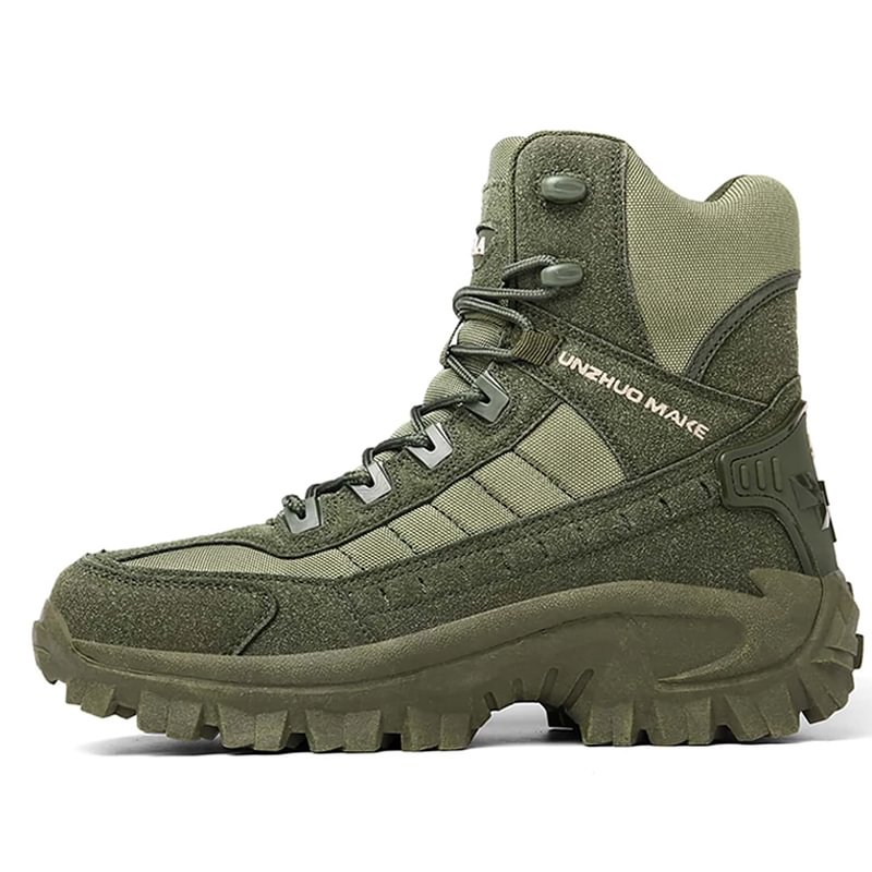 Side profile of a single olive green high-top boot with suede panels and lace-up front 23