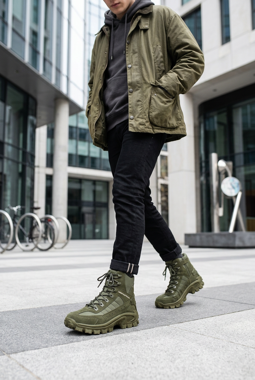 Model in olive green lace-up work boots, black jeans and a green jacket on a paved city square 1
