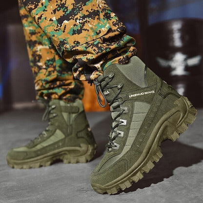 Olive green boots on a model in digital camouflage trousers, with side zip and chunky tread visible 4