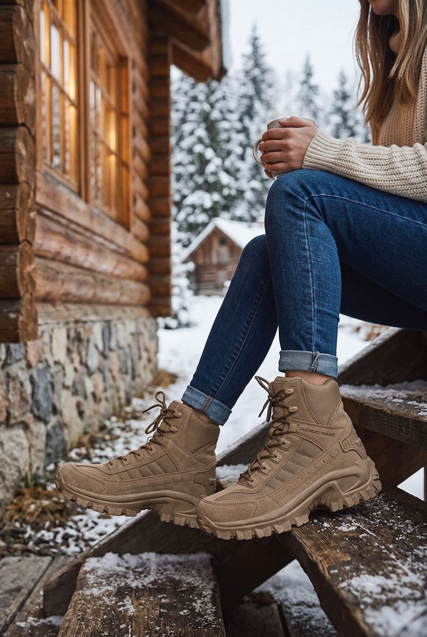 Sand-coloured suede lace-up boots worn with rolled jeans on snowy wooden steps outside a log cabin 1
