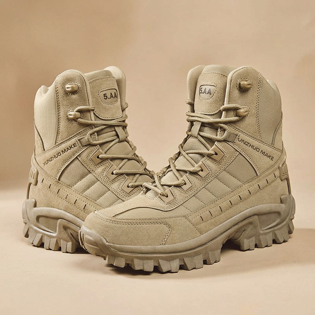 Pair of sand-coloured high-top boots angled together on a beige background, showing laces and suede panels 24