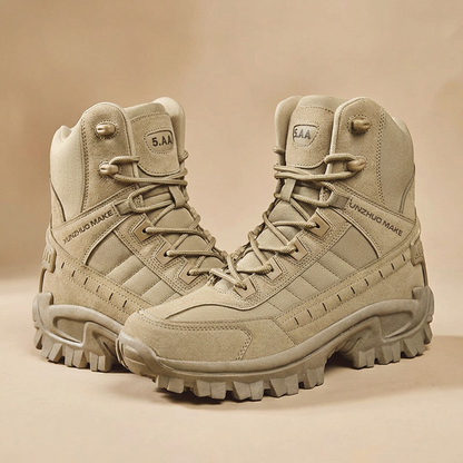 Pair of sand-coloured high-top boots angled together on a beige background, showing laces and suede panels 24
