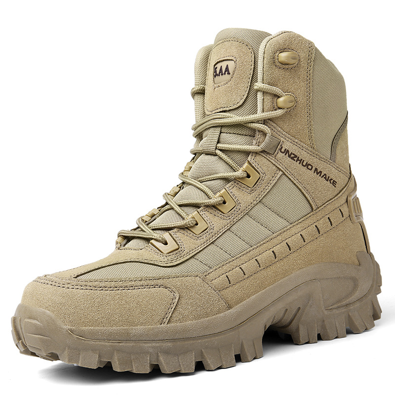 Single sand-coloured high-top boot, angled side view on white, showing laces, panelling and thick lugged sole 10