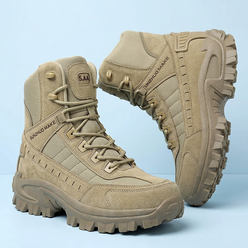 Pair of sand-coloured high-top boots on a pale blue background, one balanced on its side 24