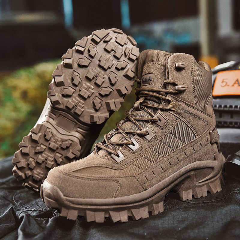 Brown boot standing beside its upturned partner showing the deep tread, resting on dark fabric 7