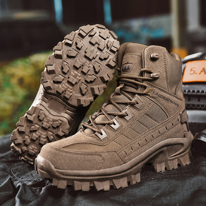 Brown boot standing beside its upturned partner showing the deep tread, resting on dark fabric 7