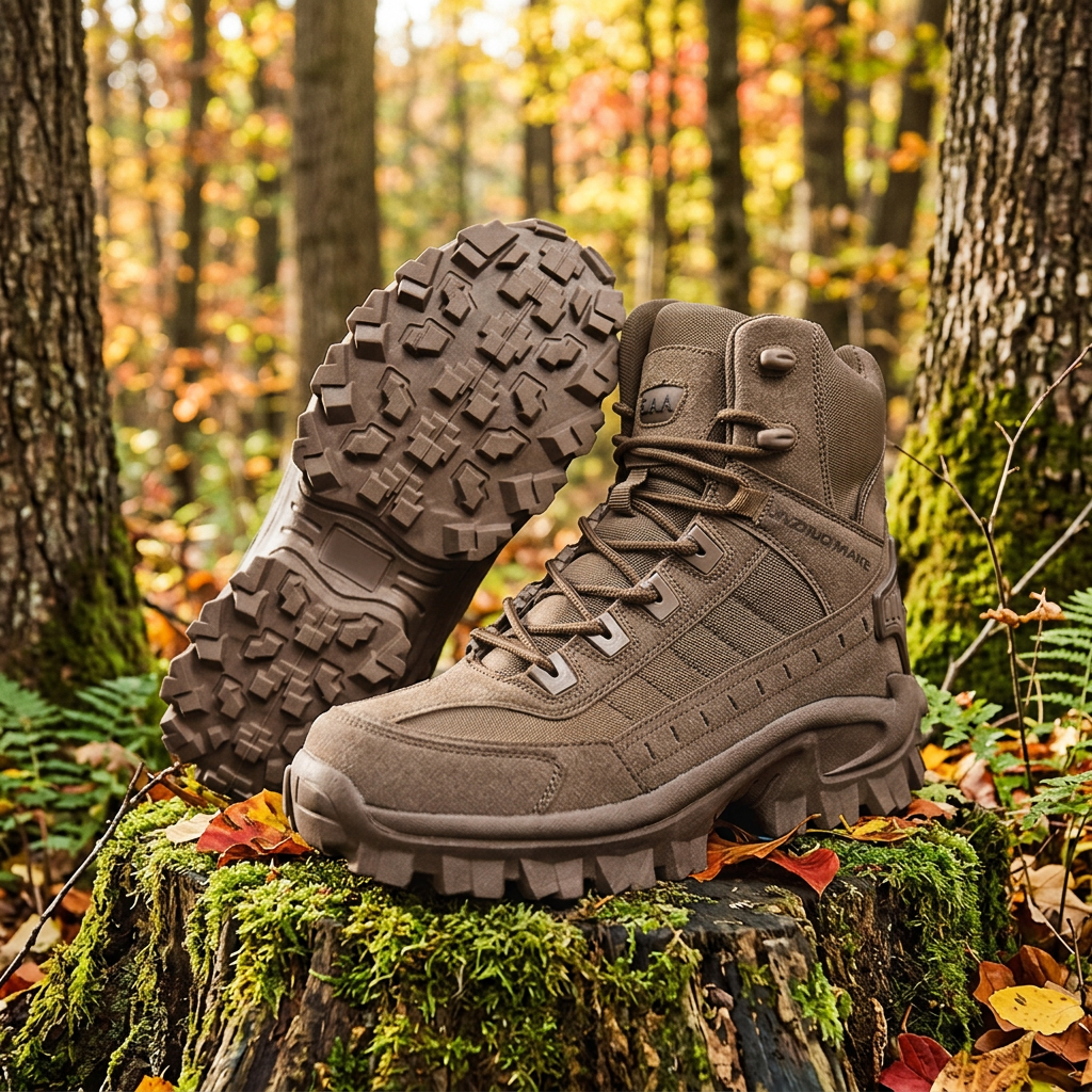 Brown high-top hiking boot beside a boot turned to show its chunky tread, on a mossy stump in autumn woodland 1