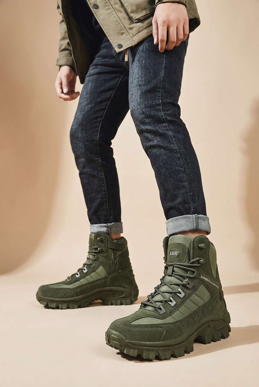 Model in dark jeans and a khaki jacket wearing olive green lace-up boots against a beige backdrop 1