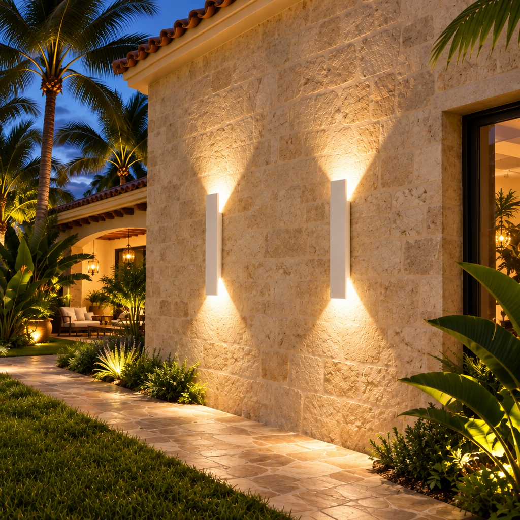 Two white wall lights washing a textured stone wall with warm light under palm trees at dusk 6