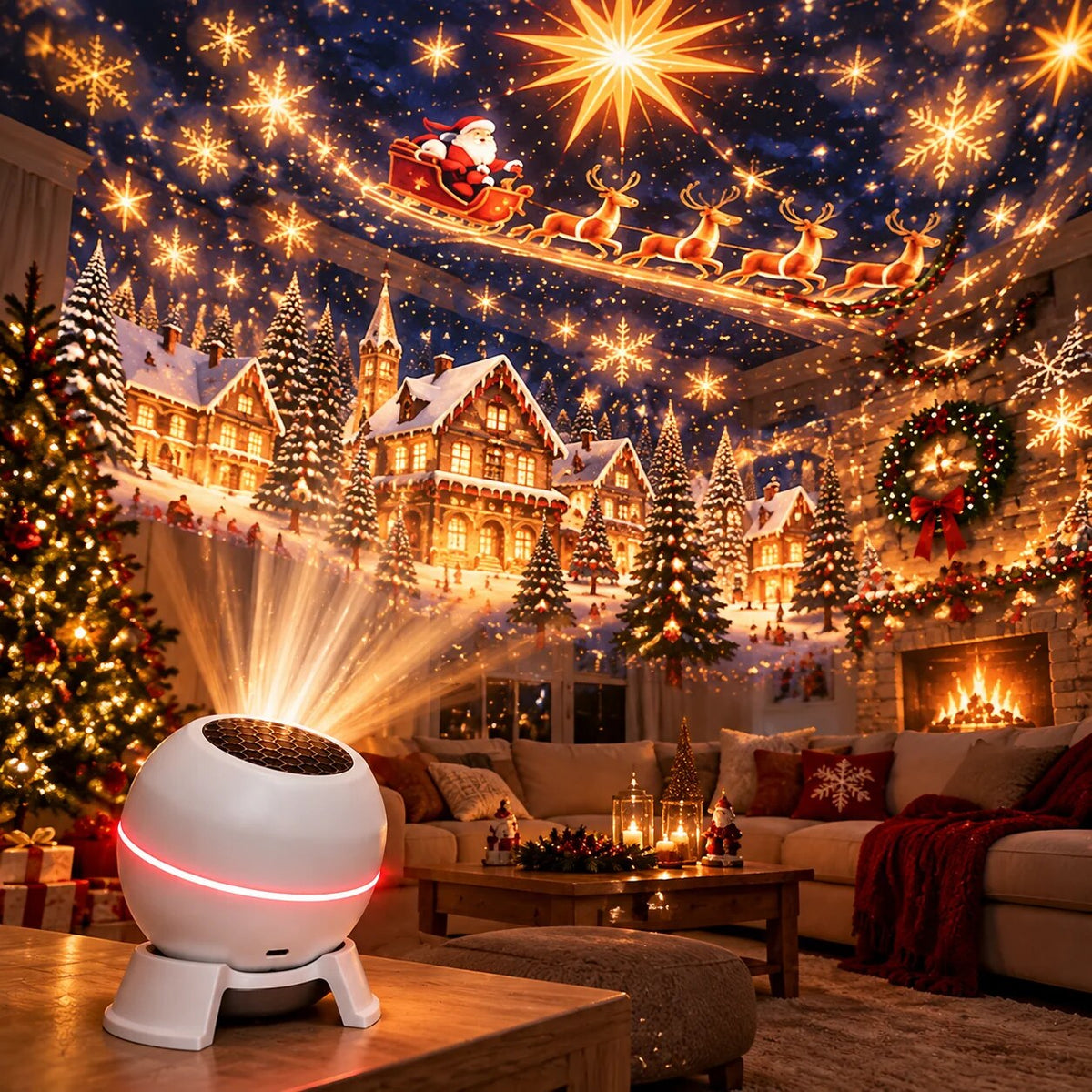 White spherical projector on a coffee table casting Santa's sleigh and a snowy village across a living room 1