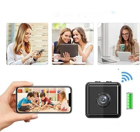 Collage of people using phones and tablets, beside the camera with Wi-Fi and battery icons and a phone showing children 3