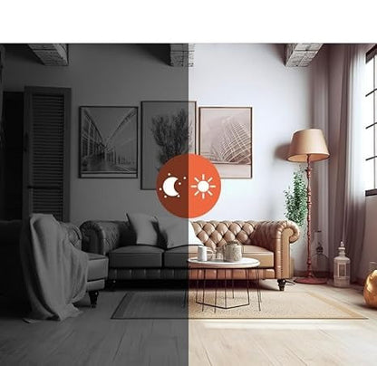 Living room split into a greyscale night view and a full-colour daytime view to show night vision 5
