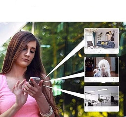 Woman checking her phone, with three live feeds of a living room, a dog with a baby, and an office 8