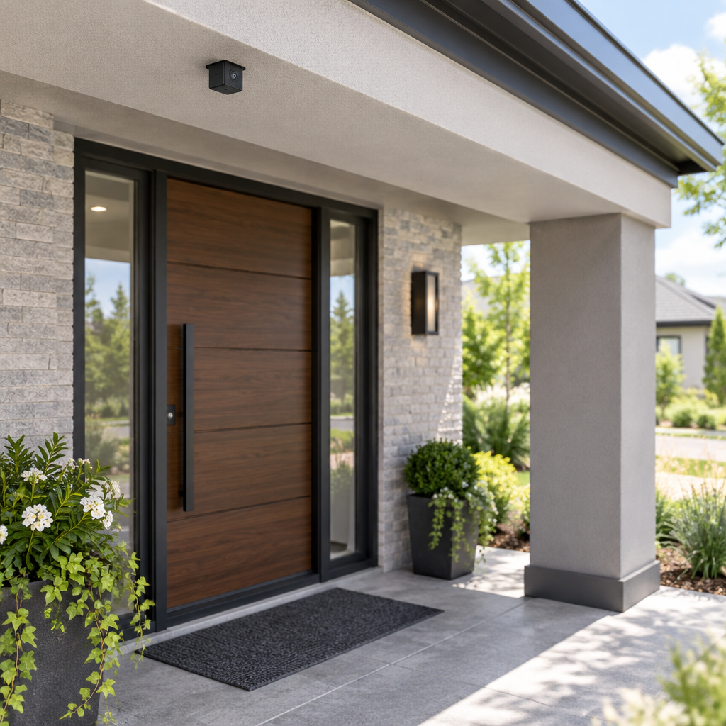 Small black cube camera mounted under the porch ceiling above a modern wooden front door 1