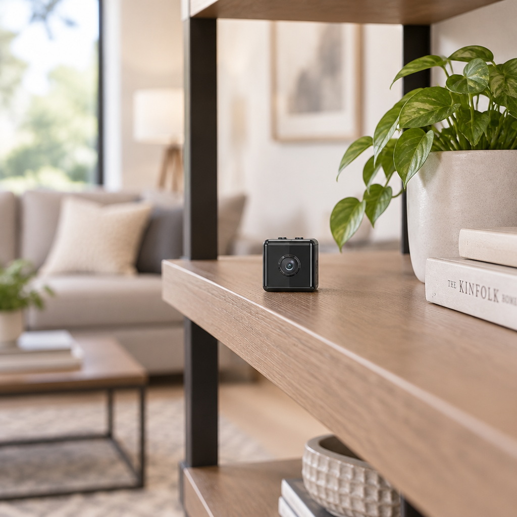 Small black cube camera sitting on a wooden shelf beside a plant in a lounge 1