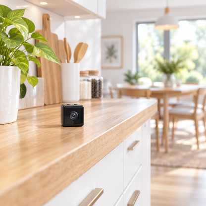 Small black cube camera sitting on a wooden kitchen worktop beside a plant and utensils 1
