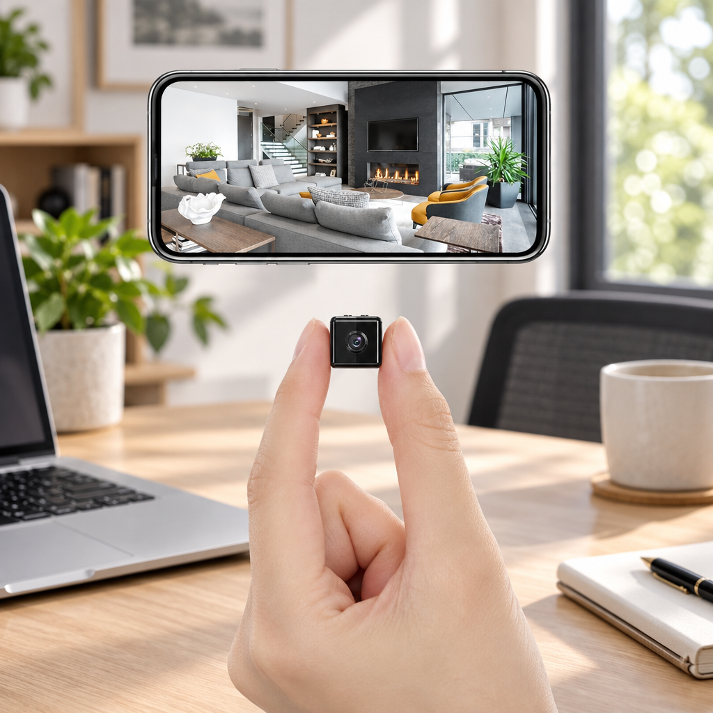Hand holding the tiny black cube camera between finger and thumb, with a living room view on a phone above 1