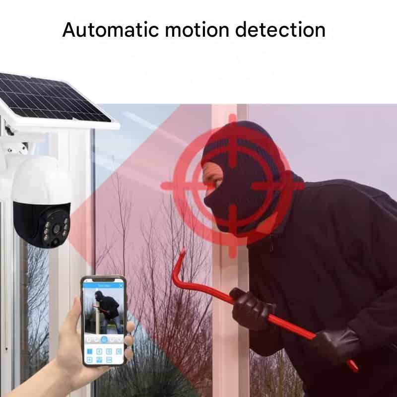 Masked person with a crowbar at a window, targeted by the camera, with a phone showing the alert 11