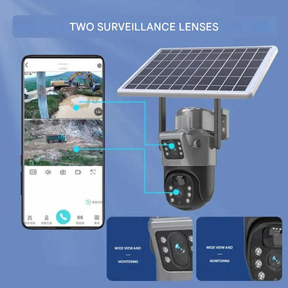 Solar camera linked to a phone screen with two live views of a construction site, plus close-ups of each lens 13