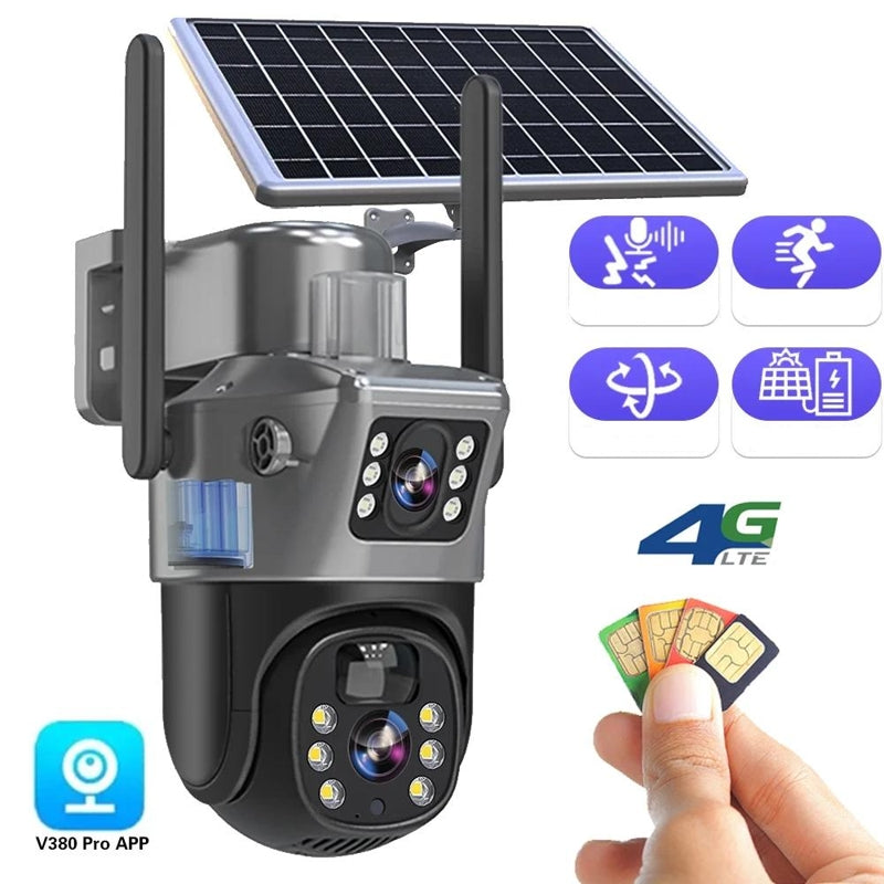 Camera on white background with feature icons, 4G SIM cards held in a hand and an app icon 3