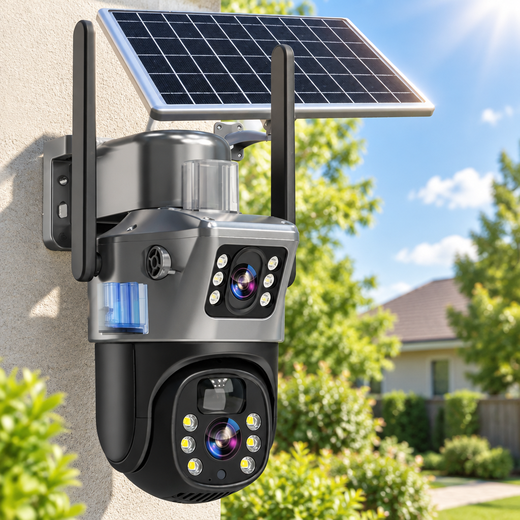 Dual-lens solar camera mounted on a house wall in bright sunshine, with green hedges and a blue sky 14