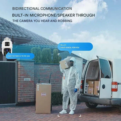 Camera mounted by a driveway talking to a delivery worker in white overalls carrying a parcel 5