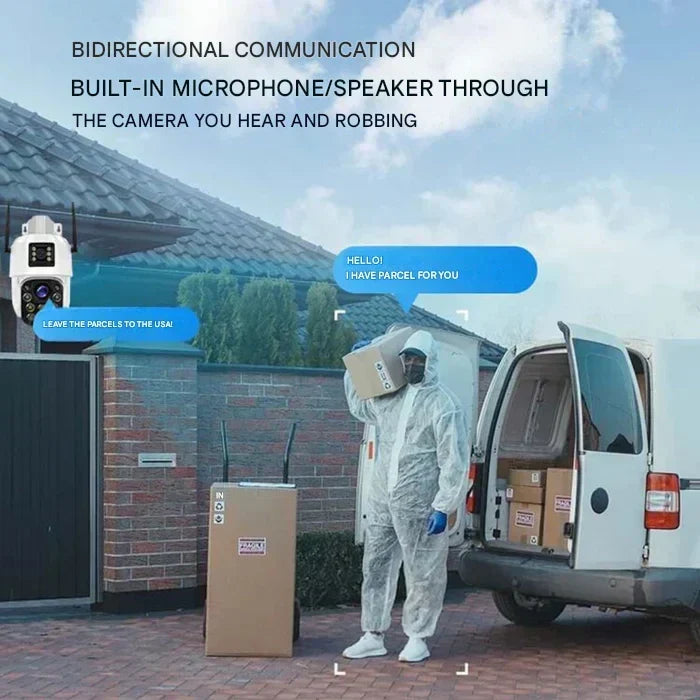 Camera by a garden gate with chat bubbles between homeowner and delivery driver carrying a parcel from a van 6