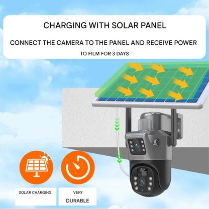 Illustration of sunlight arrows hitting the solar panel above the camera, charging it for days of recording 8
