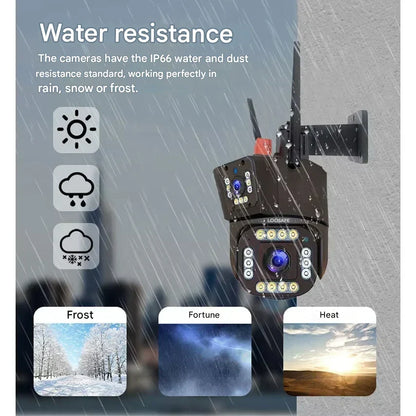 Black dual-lens camera on a wall in heavy rain, with weather icons for sun, rain and snow 9