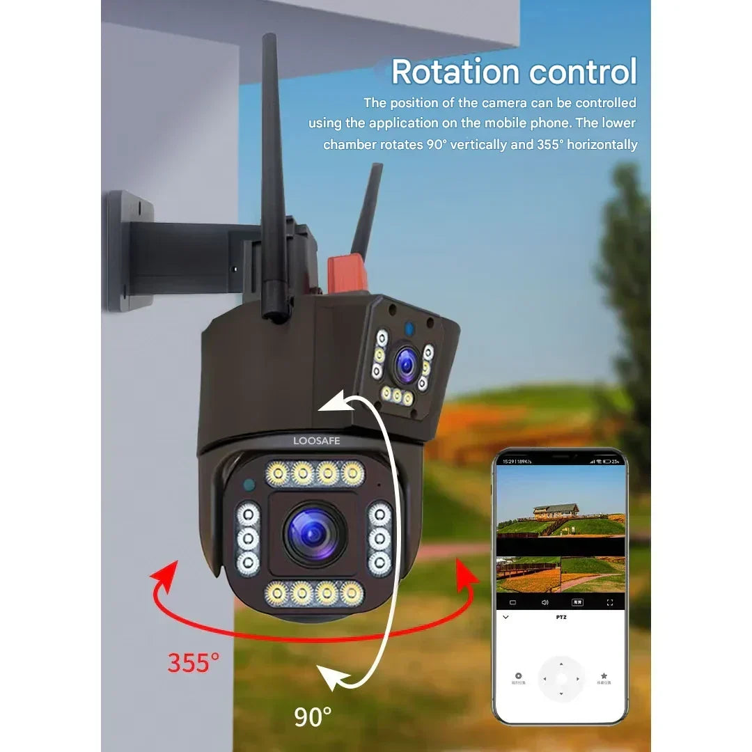 Wall-mounted camera with arrows showing 355 degree and 90 degree rotation, beside a phone control screen 9