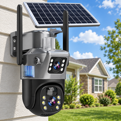 Dual-lens solar camera fixed to a pale rendered wall, with a suburban house and lawn behind 14