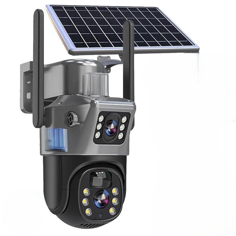Solar camera with two lenses, twin antennae and a panel on top, shown on a plain white background 2