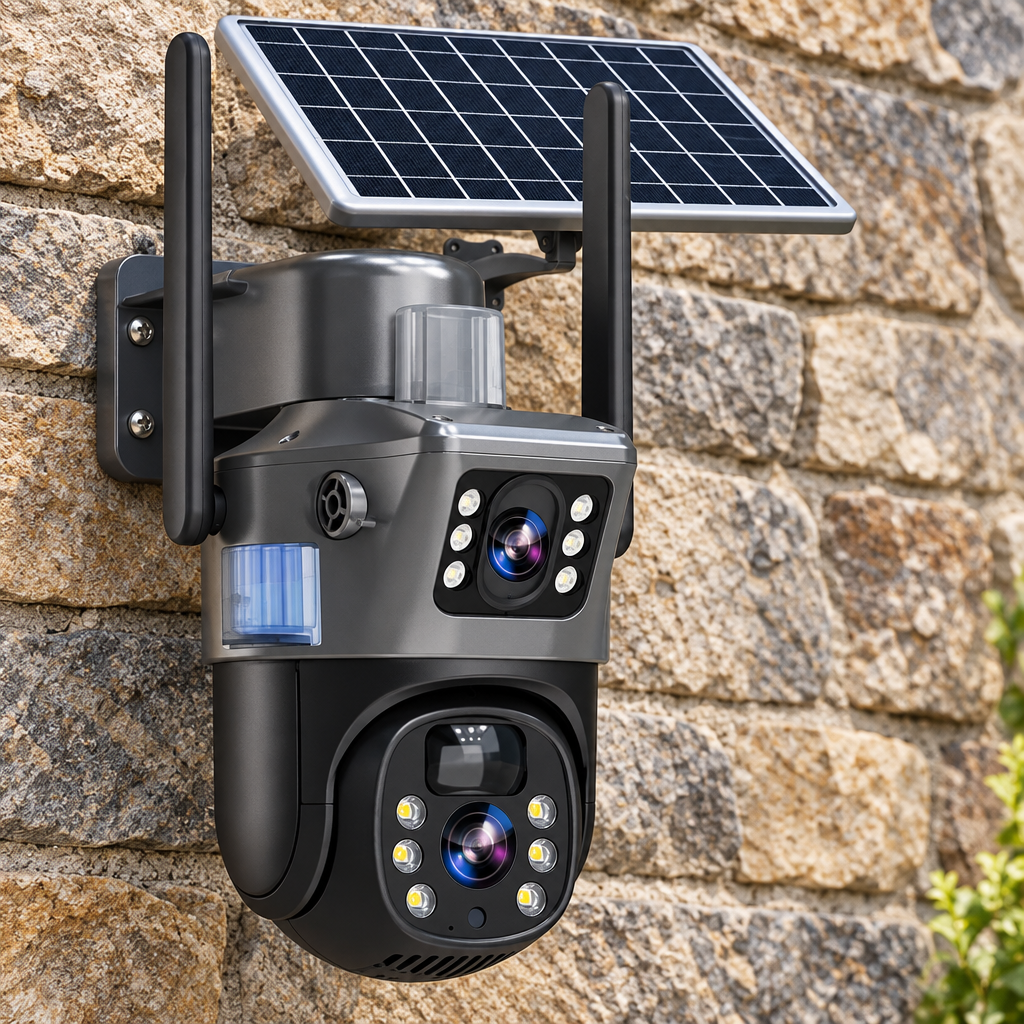 Dual-lens solar camera with antennas fixed to a rough stone wall, seen from a slight angle 14