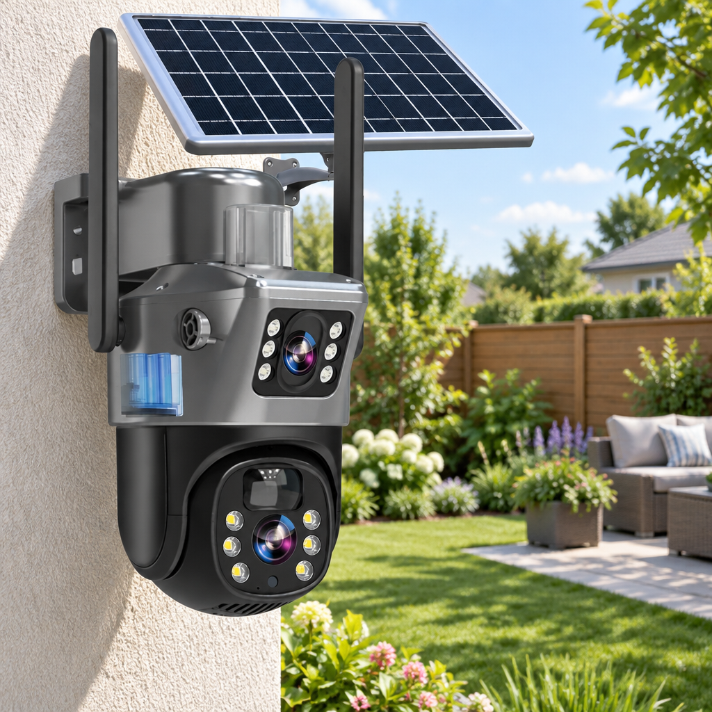 Dual-lens solar security camera mounted on a rendered pale wall, overlooking a sunny garden and patio 1