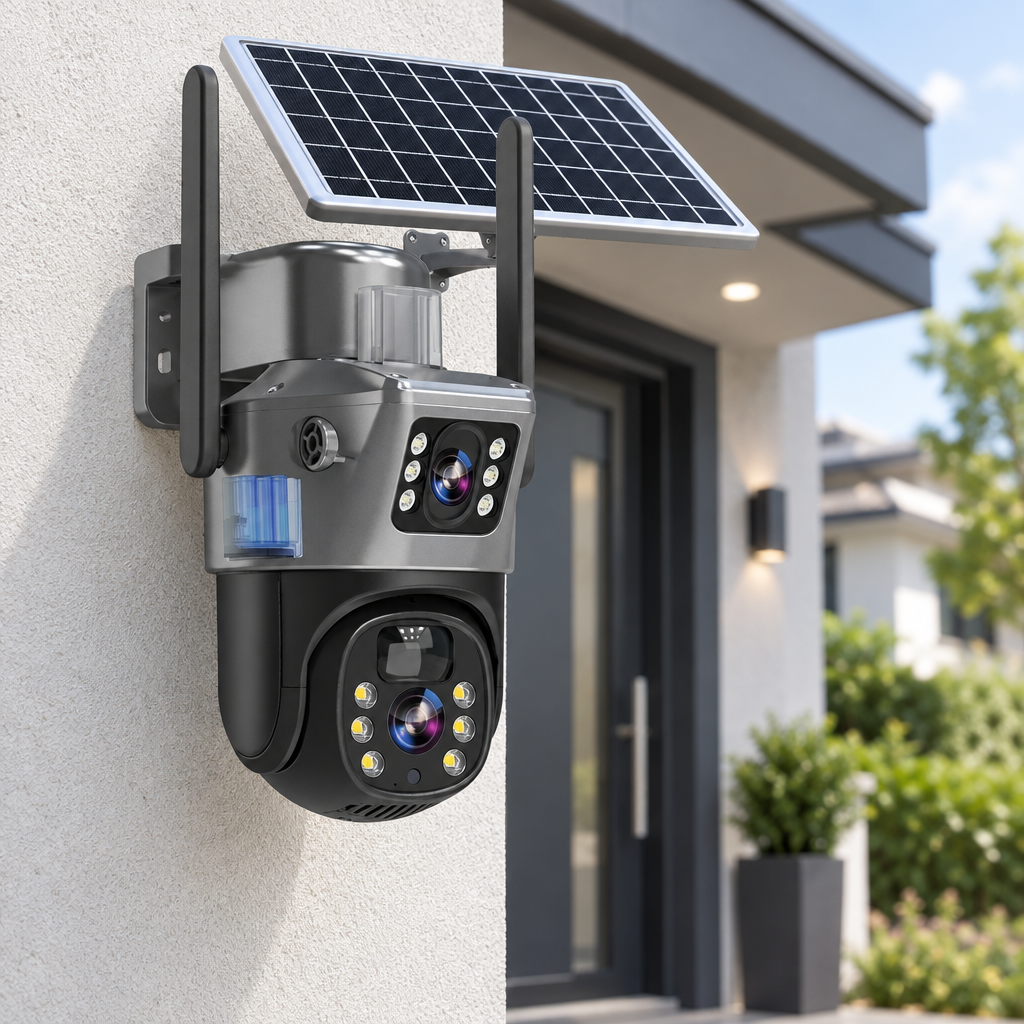 Dual-lens solar camera with two antennas mounted on a rendered white house wall beside a front door 1