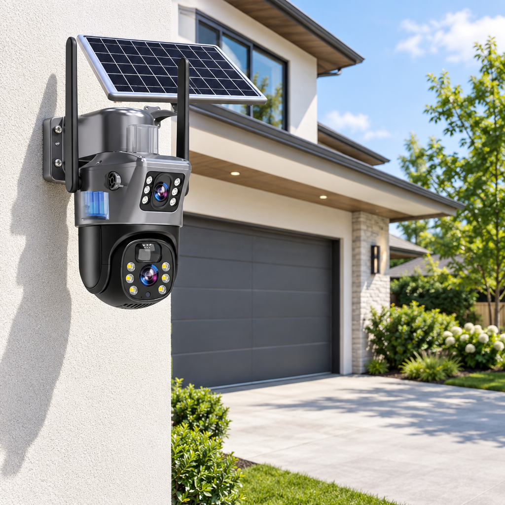 Dual-lens solar camera with two antennae mounted on a rendered house wall beside a garage door 1