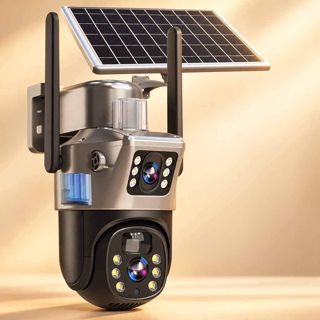 Studio shot of the dual-lens solar camera with two antennas against a warm beige backdrop 14