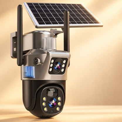 Studio shot of the dual-lens solar camera with two antennas against a warm beige backdrop 14