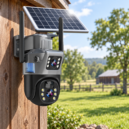 Dual-lens solar camera with two antennas mounted on a wooden barn wall overlooking a sunny field 1