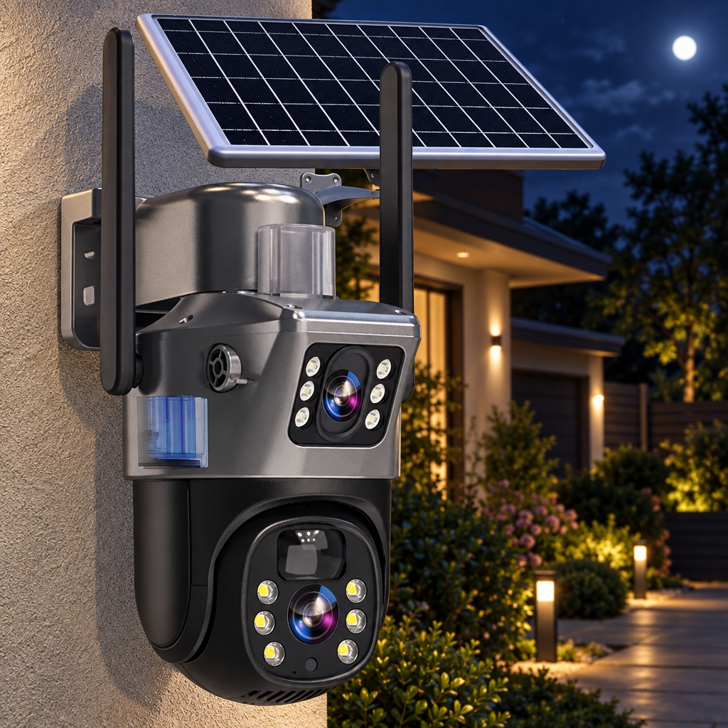 Dual-lens solar camera mounted on a house wall at night, with moonlit garden and path lights 1