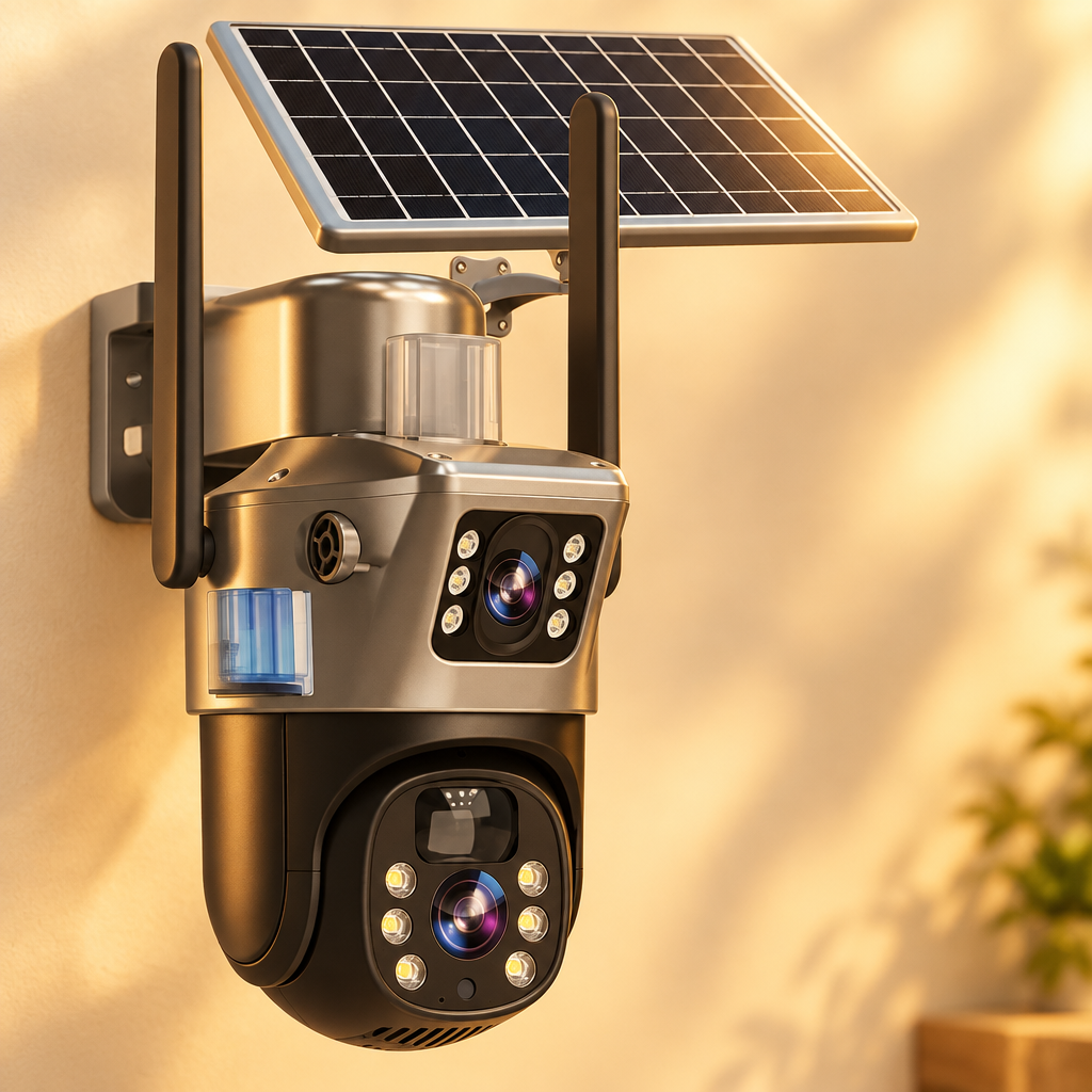 Close-up of the grey and black camera with solar panel on a warm, sunlit wall 14