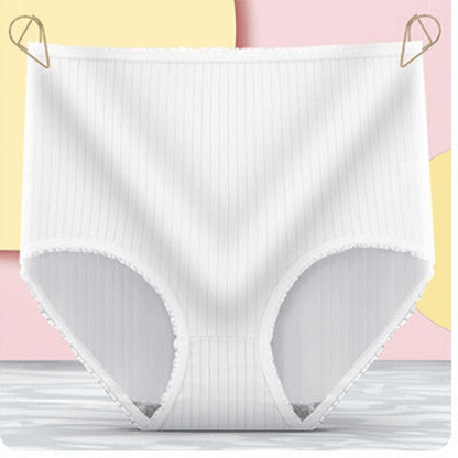 White ribbed high-waisted brief hung by two gold clips against a pastel pink and yellow backdrop, inside gusset visible. 4