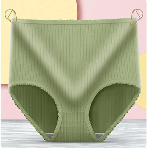 Sage green ribbed high-waisted brief hung by two gold clips against a pastel backdrop, with frilled trim around the legs. 6
